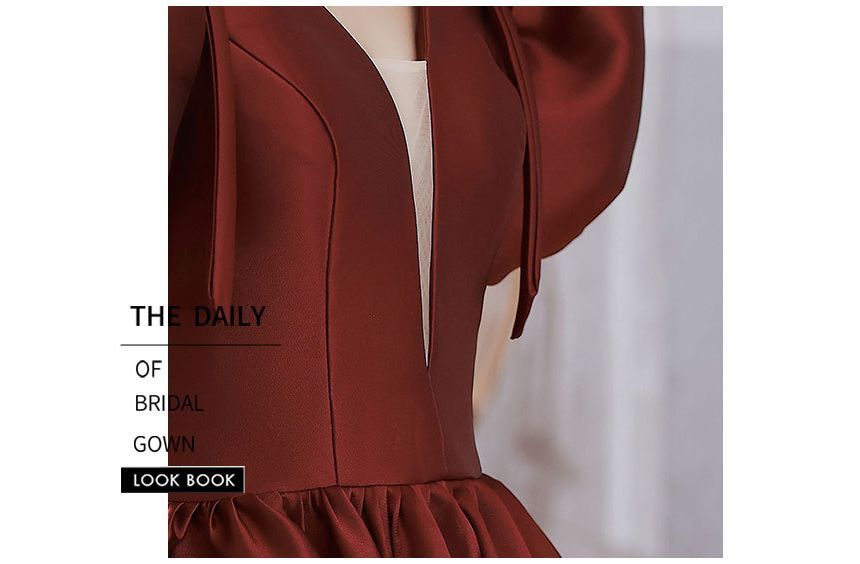 Plain Evening Panel Mesh Gown Puff-Sleeve A-Line