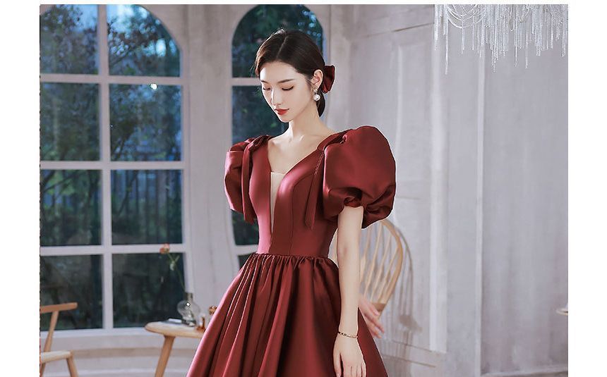 Plain Evening Panel Mesh Gown Puff-Sleeve A-Line
