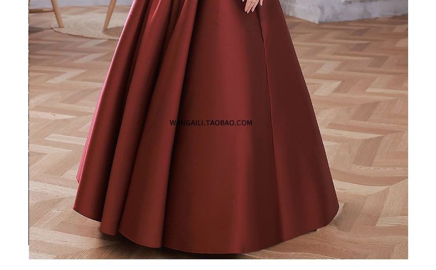 Plain Evening Panel Mesh Gown Puff-Sleeve A-Line