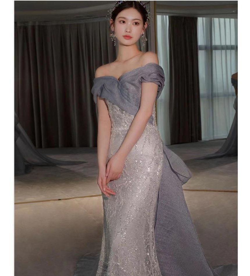 Off-Shoulder Paneled Gown Mermaid Evening Lace