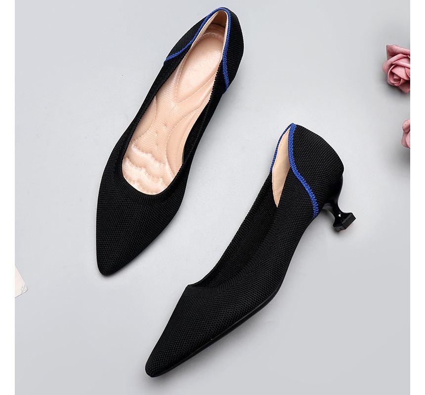 Pointy-Toe Kitten Knit Pumps Heel