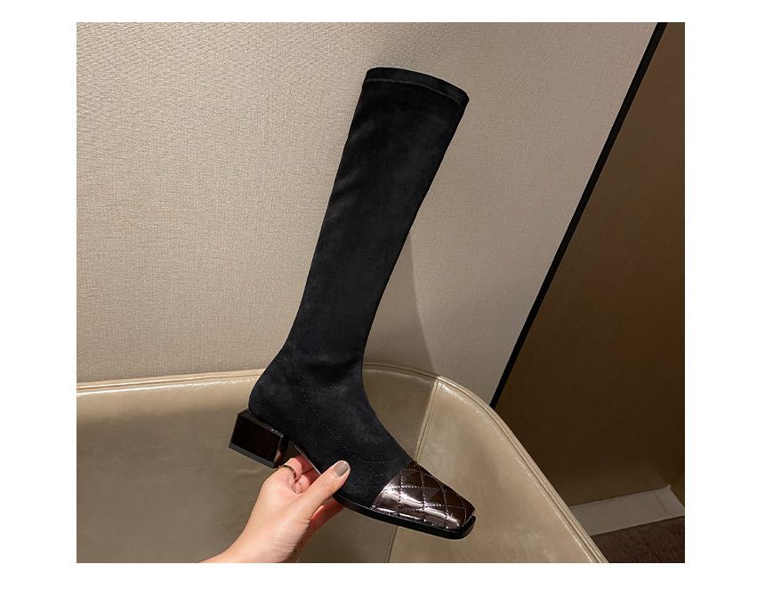 Heel Knee-High Boots Panel Quilted Block Square-Toe