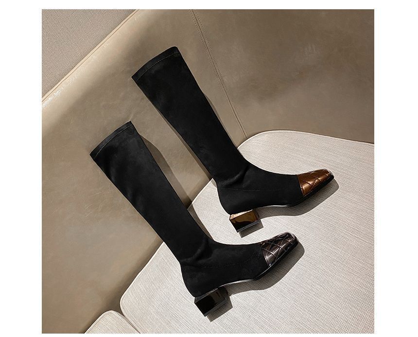 Heel Knee-High Boots Panel Quilted Block Square-Toe