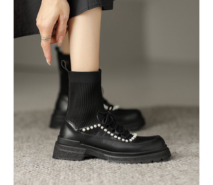 Lace-Up Faux Pearl Short Sock Boots