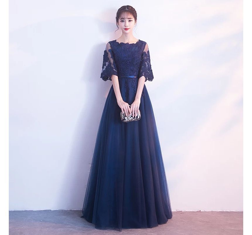 Short-Sleeve Floral Embroidered A-Line Evening Gown