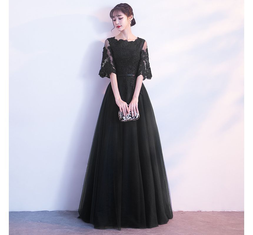 Short-Sleeve Floral Embroidered A-Line Evening Gown