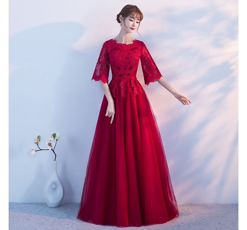 Short-Sleeve Floral Embroidered A-Line Evening Gown