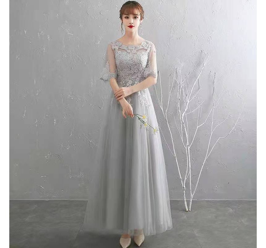 Short-Sleeve Floral Embroidered A-Line Evening Gown