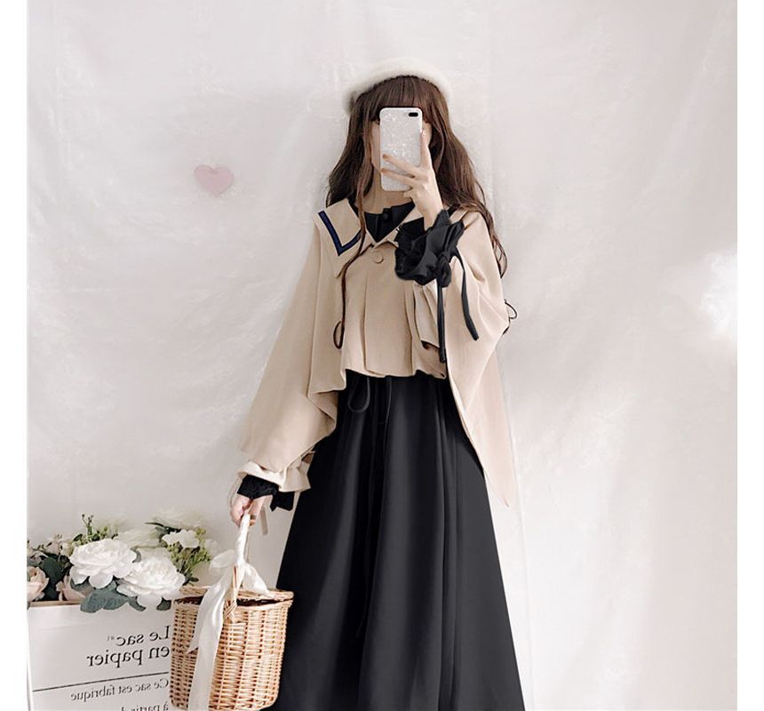 Contrast Trim Cape / Long-Sleeve Collared Plain Midi A-Line Dress