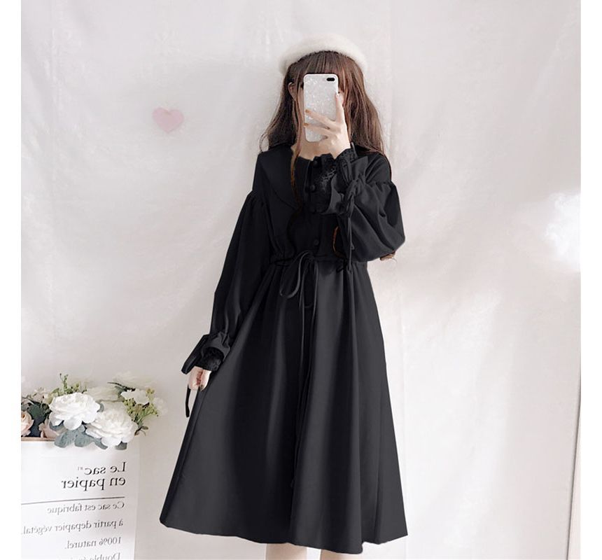 Contrast Trim Cape / Long-Sleeve Collared Plain Midi A-Line Dress