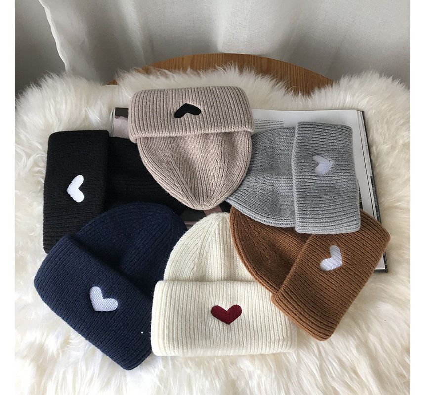 Heart Knit Embroidered Beanie