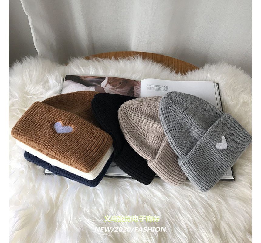 Heart Knit Embroidered Beanie