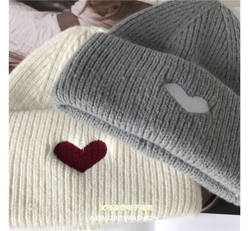 Heart Knit Embroidered Beanie