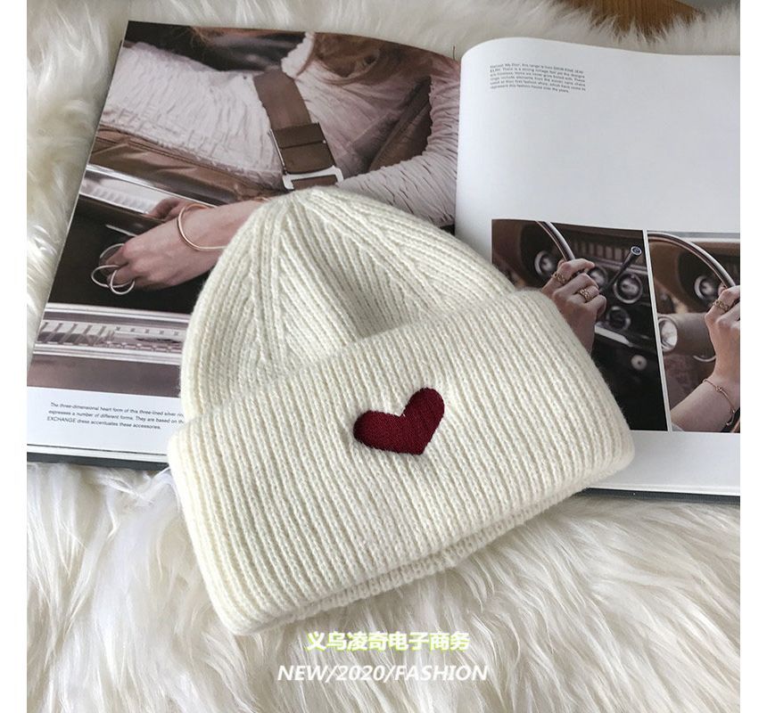 Heart Knit Embroidered Beanie