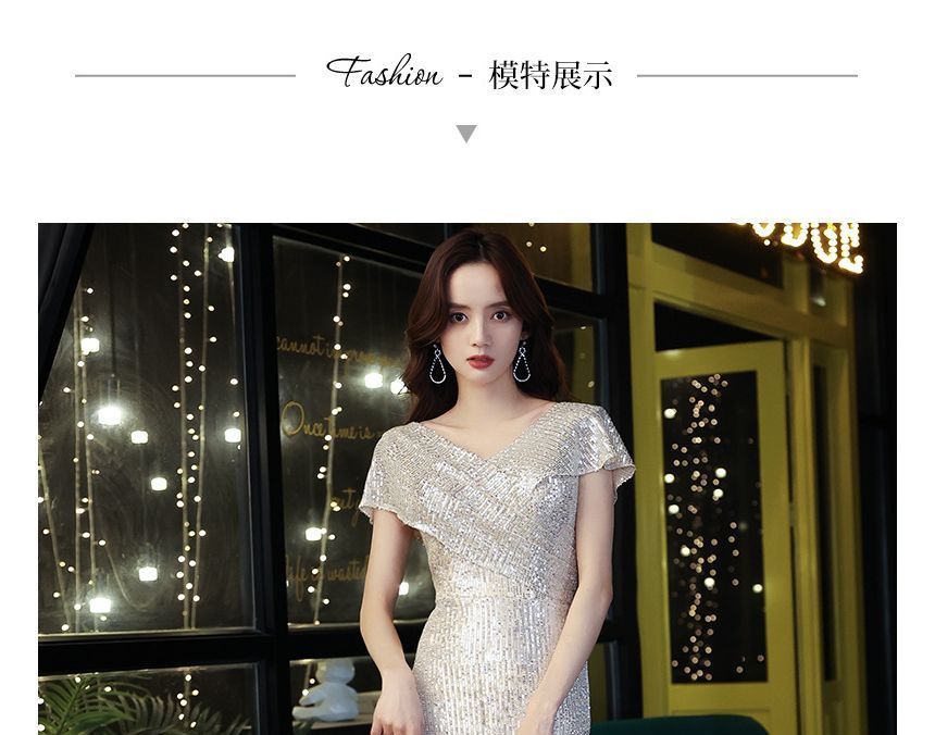 Short-Sleeve V-Neck Sequin Trumpet Evening Dress