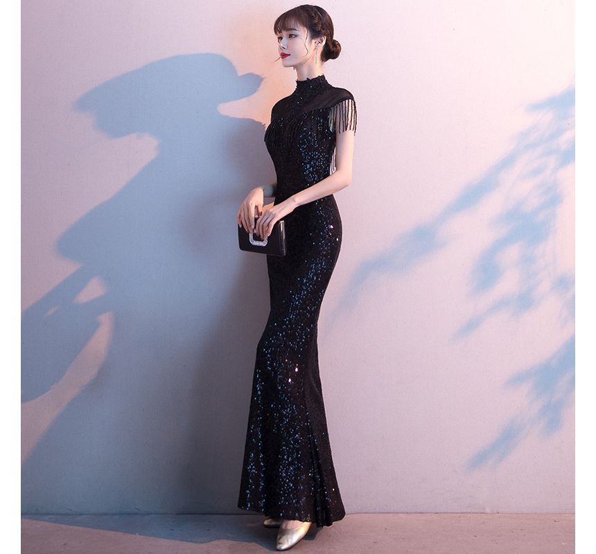 Short-Sleeve Sequin Fringed Trim Mermaid Evening Gown