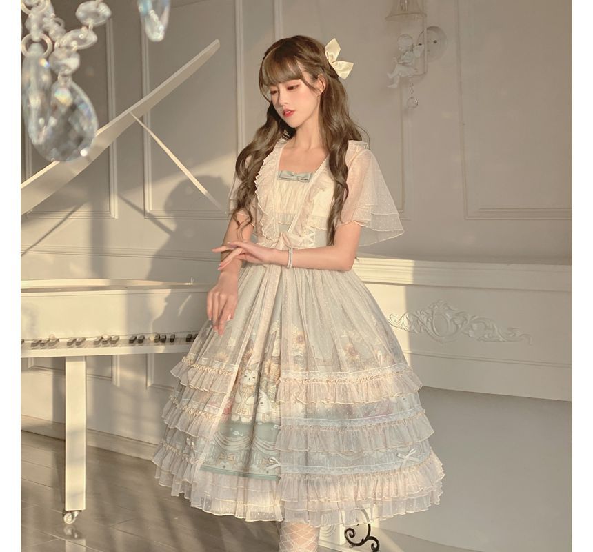 Robe Lolita mi-longue à bretelles larges et imprimé floral, coupe trapèze, chemisier à volants à manches courtes, ensemble