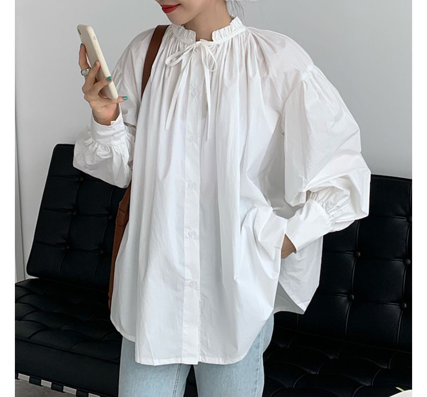 Puff-Sleeve Plain Ruffle Trim Drawstring Blouse