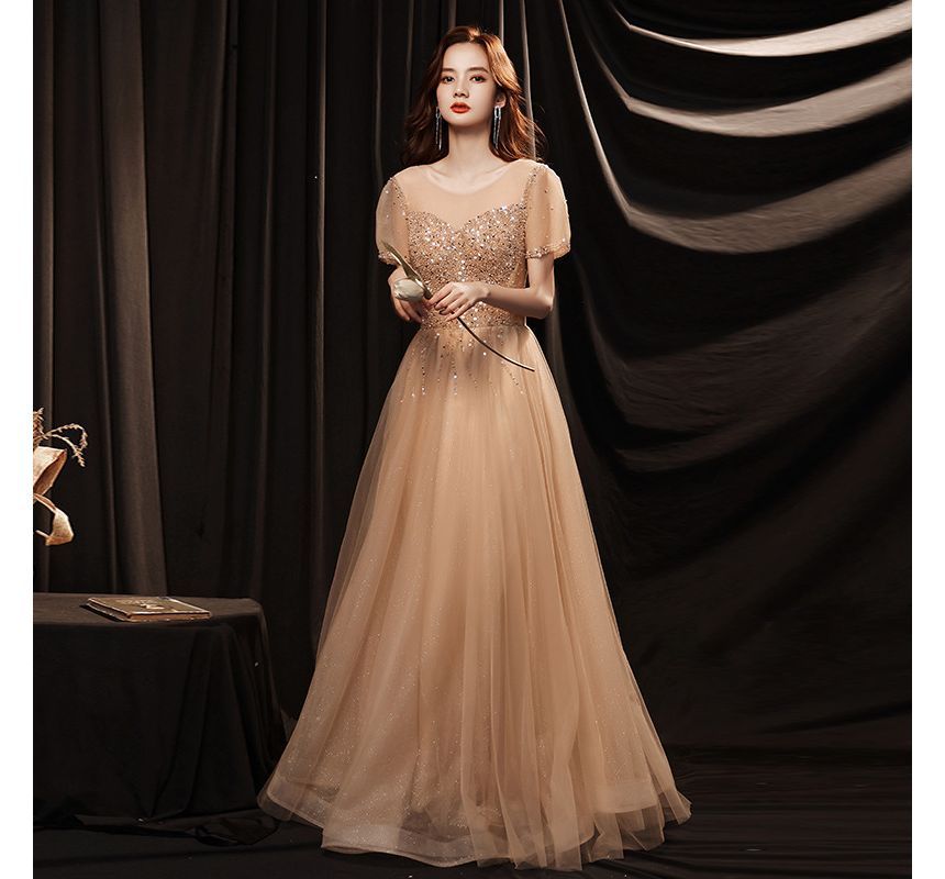 A-Line Short-Sleeve Mesh Cocktail / Dress Gown Neck Round Sequin Evening