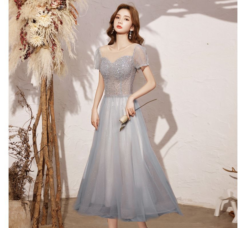 Short-Sleeve Round Neck Sequin Mesh A-Line Cocktail Dress / Evening Gown