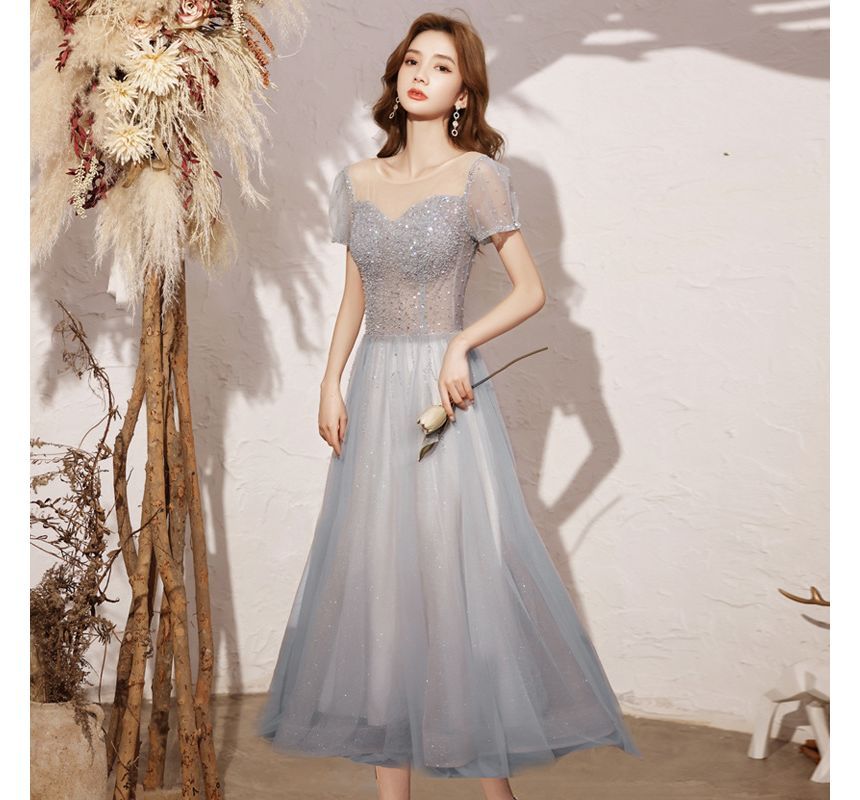 A-Line Short-Sleeve Mesh Cocktail / Dress Gown Neck Round Sequin Evening