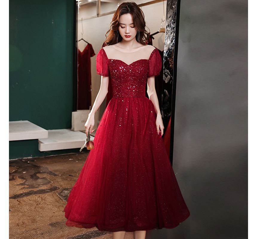 A-Line Short-Sleeve Mesh Cocktail / Dress Gown Neck Round Sequin Evening