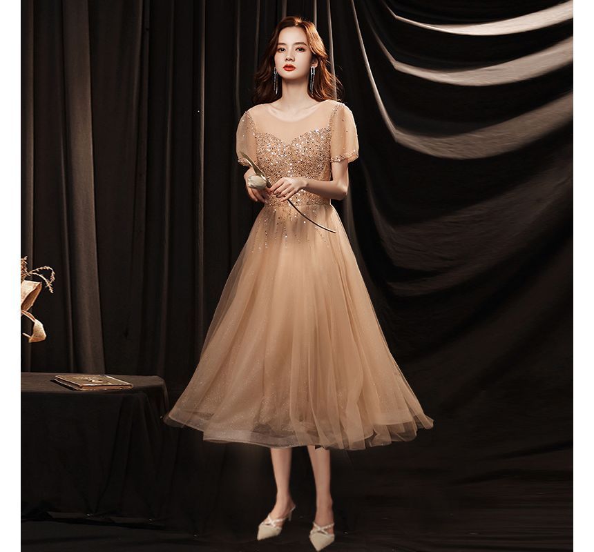 A-Line Short-Sleeve Mesh Cocktail / Dress Gown Neck Round Sequin Evening