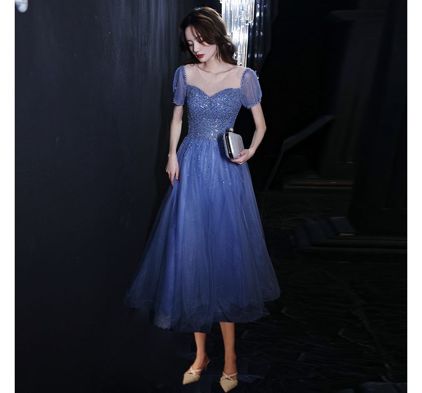 A-Line Short-Sleeve Mesh Cocktail / Dress Gown Neck Round Sequin Evening