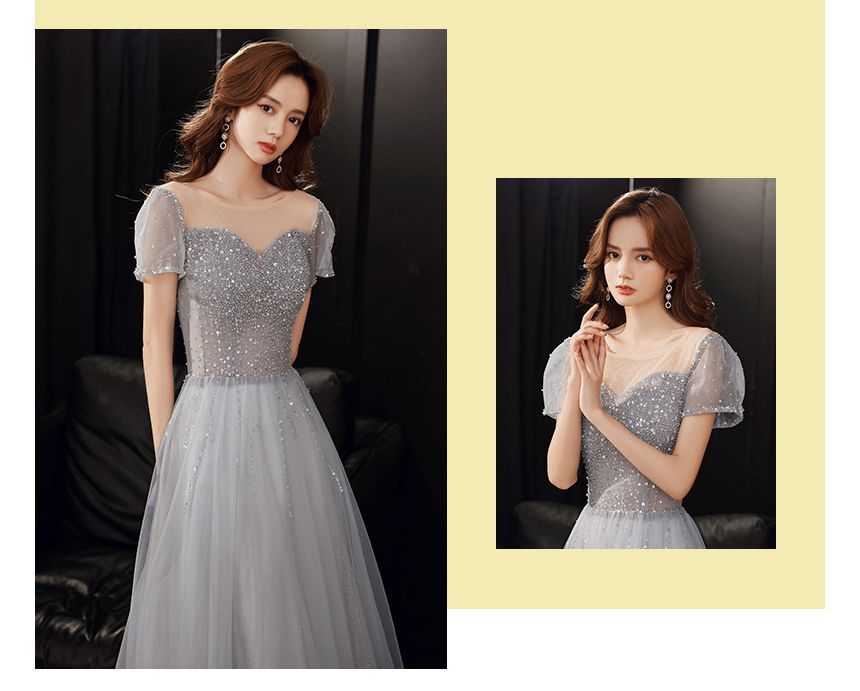 Short-Sleeve Round Neck Sequin Mesh A-Line Cocktail Dress / Evening Gown