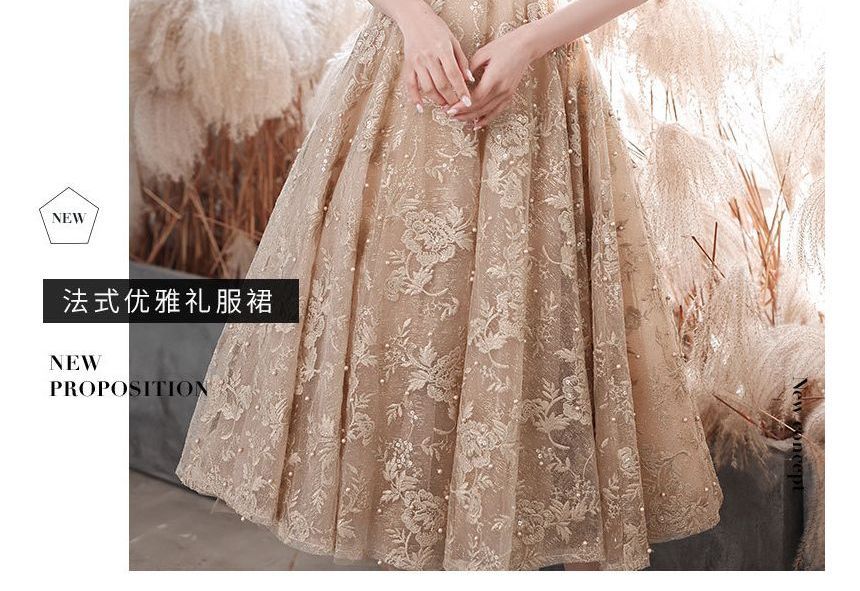 Evening Cocktail / Embroidered Mock A-Line Flower Dress Gown Faux Pearl Short-Sleeve Neck