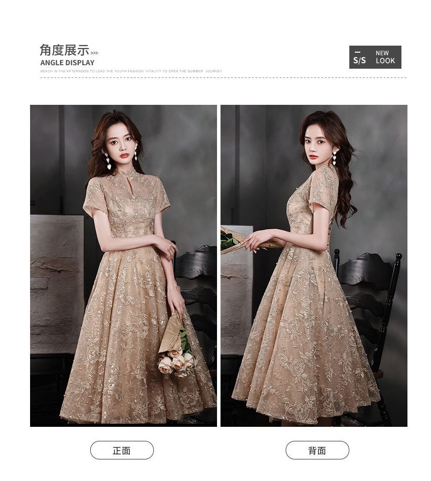 Evening Cocktail / Embroidered Mock A-Line Flower Dress Gown Faux Pearl Short-Sleeve Neck