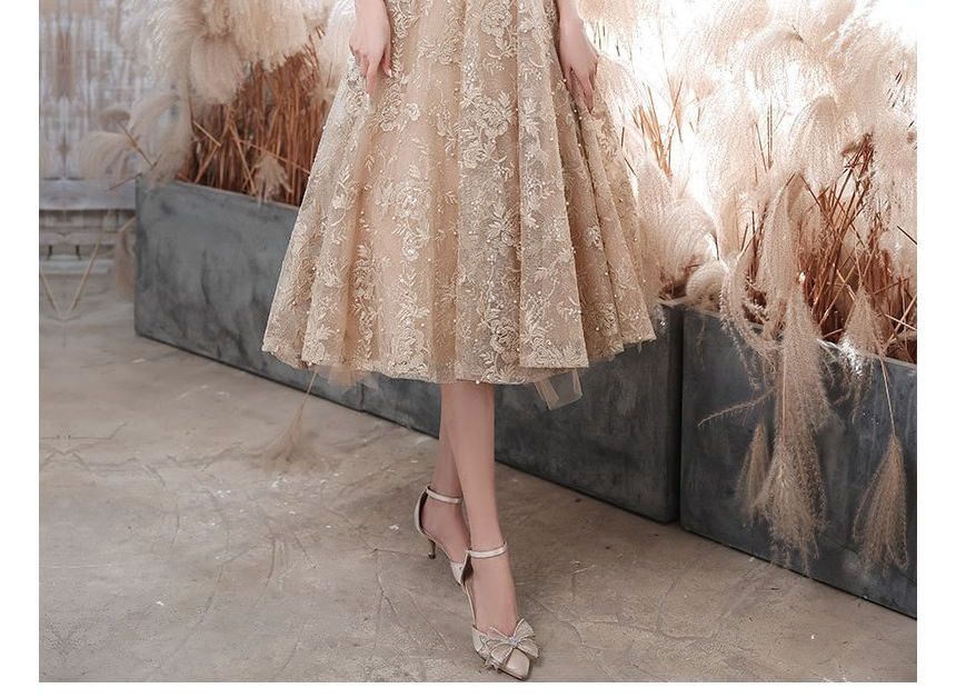 Evening Cocktail / Embroidered Mock A-Line Flower Dress Gown Faux Pearl Short-Sleeve Neck