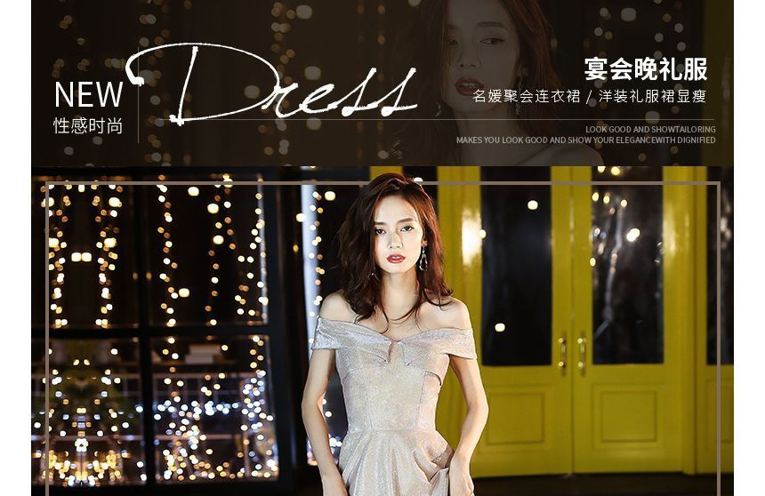 A-Line Glitter Dress Gown Shoulder Cocktail Off / Evening