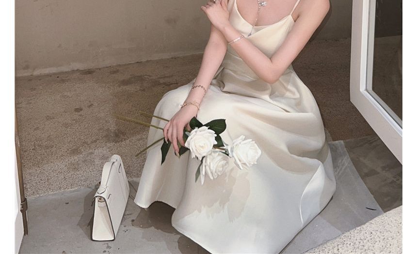 Slim-Fit Midi Plain Dress Strap Spaghetti