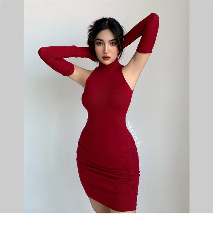 Sleeves Mini Turtleneck With Arm Dress Sleeveless Plain