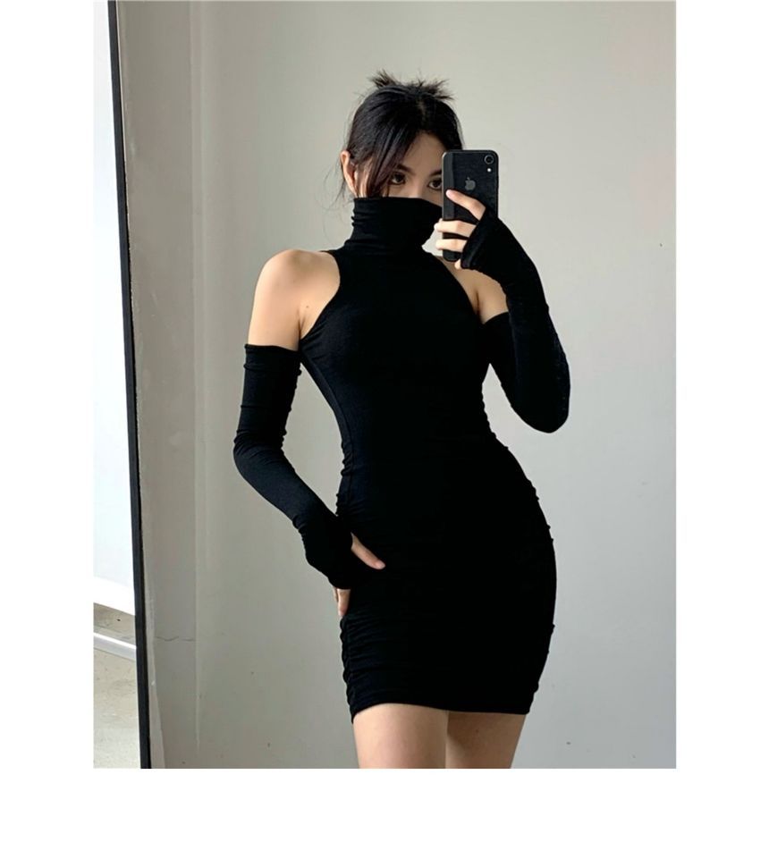 Sleeves Mini Turtleneck With Arm Dress Sleeveless Plain