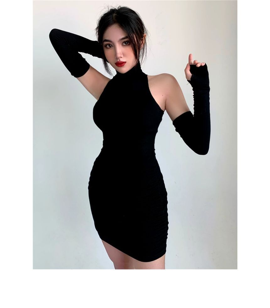 Sleeves Mini Turtleneck With Arm Dress Sleeveless Plain