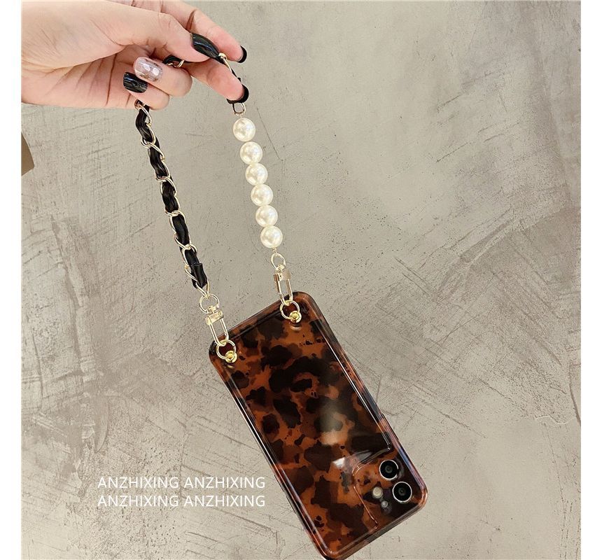 Leopard Faux Pearl Case Chain Print Phone