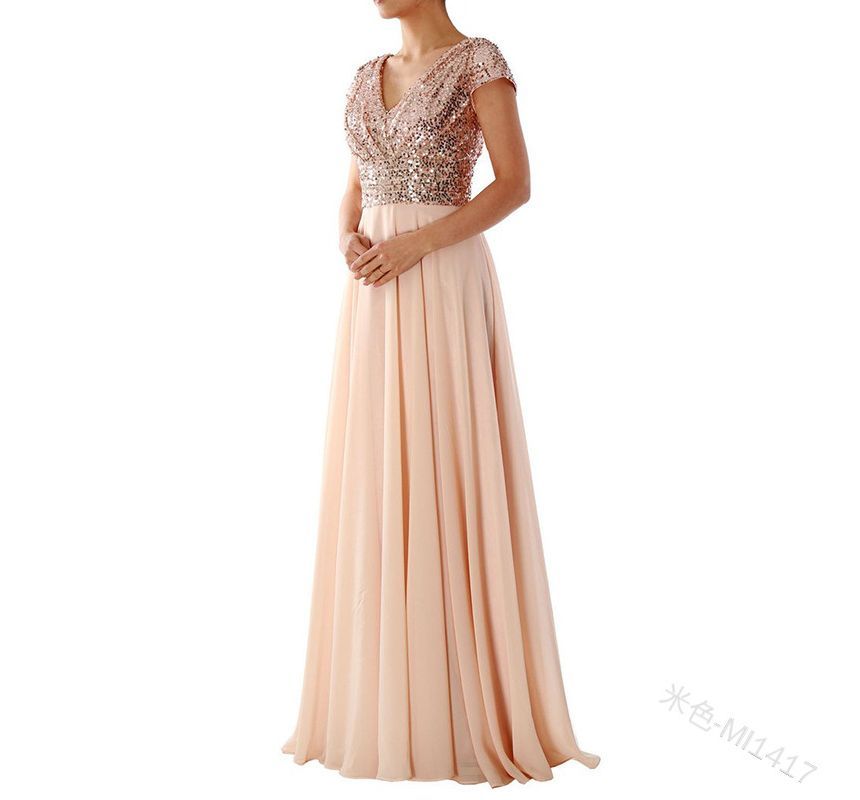 Short-Sleeve Sequined A-Line Evening Gown