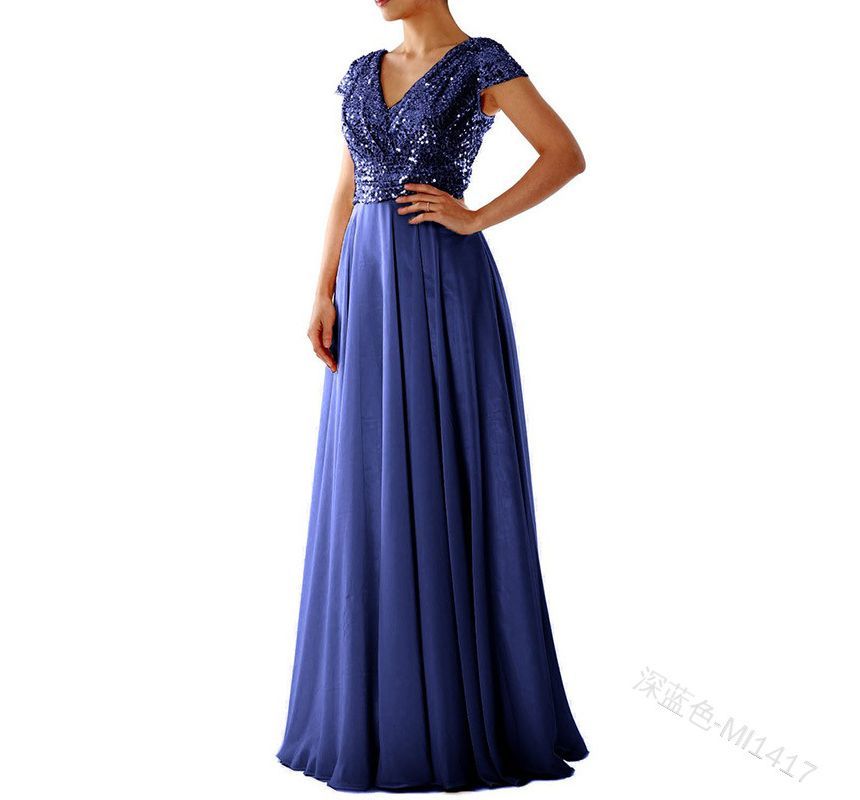 Short-Sleeve Sequined A-Line Evening Gown