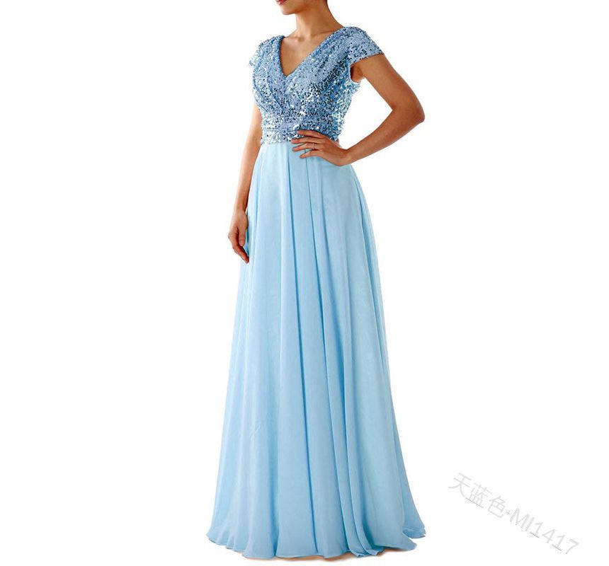 Short-Sleeve Sequined A-Line Evening Gown