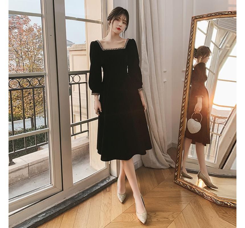 Long-Sleeve Square Neck Midi A-Line Dress