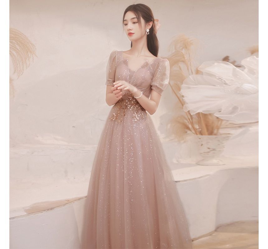 Sequined Evening Notched A-Line Short-Sleeve Gown