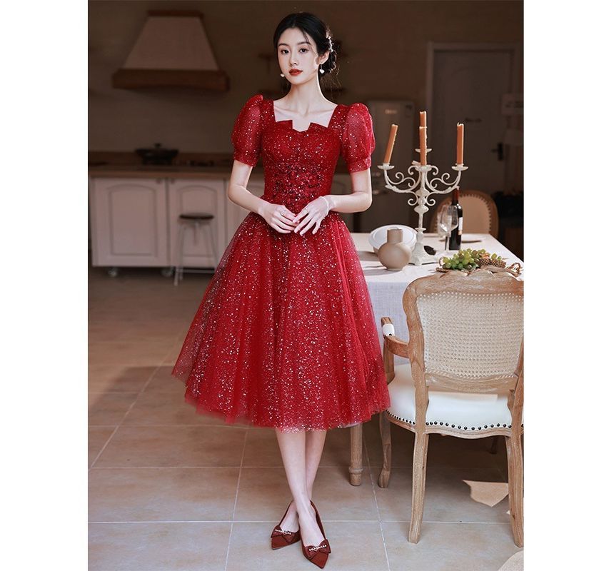 Sequined Evening Notched A-Line Short-Sleeve Gown