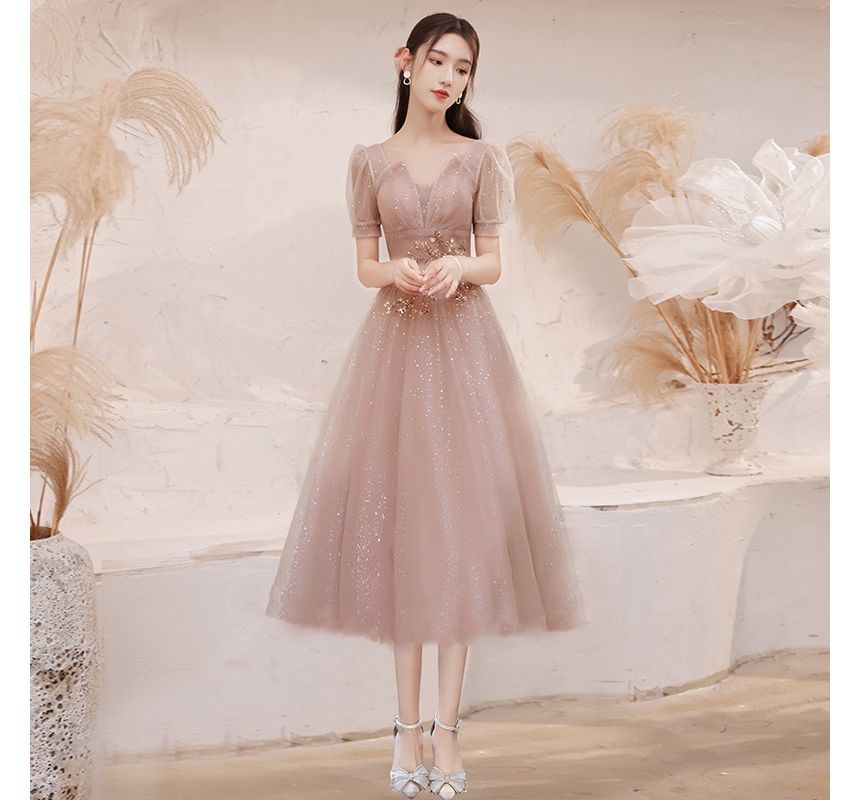 Sequined Evening Notched A-Line Short-Sleeve Gown