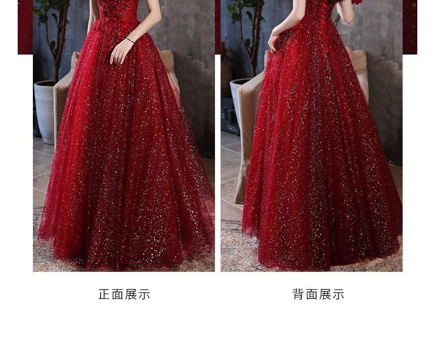Sequined Evening Notched A-Line Short-Sleeve Gown