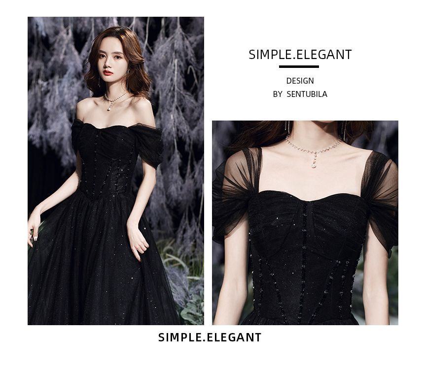 Short-Sleeve Square Neck Mesh Evening Gown