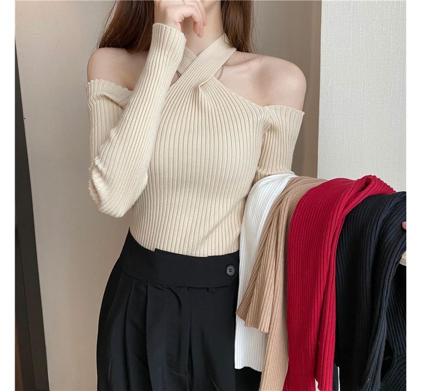 Long-Sleeve Halter Cold-Shoulder Knit Plain Top