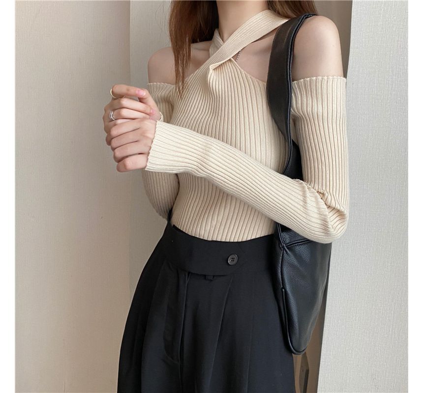 Long-Sleeve Halter Cold-Shoulder Knit Plain Top