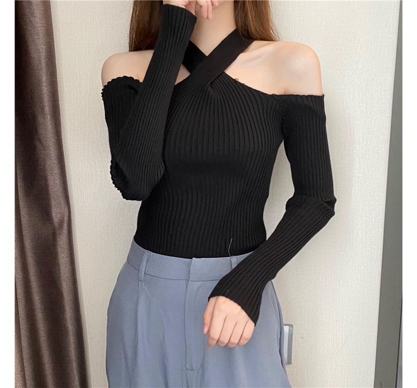 Long-Sleeve Halter Cold-Shoulder Knit Plain Top